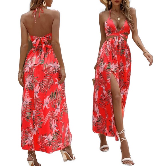 🎉6/$26🎉SHEIN Vcay Tropical Print Backless Knot Halter Neck - Picture 1 of 4